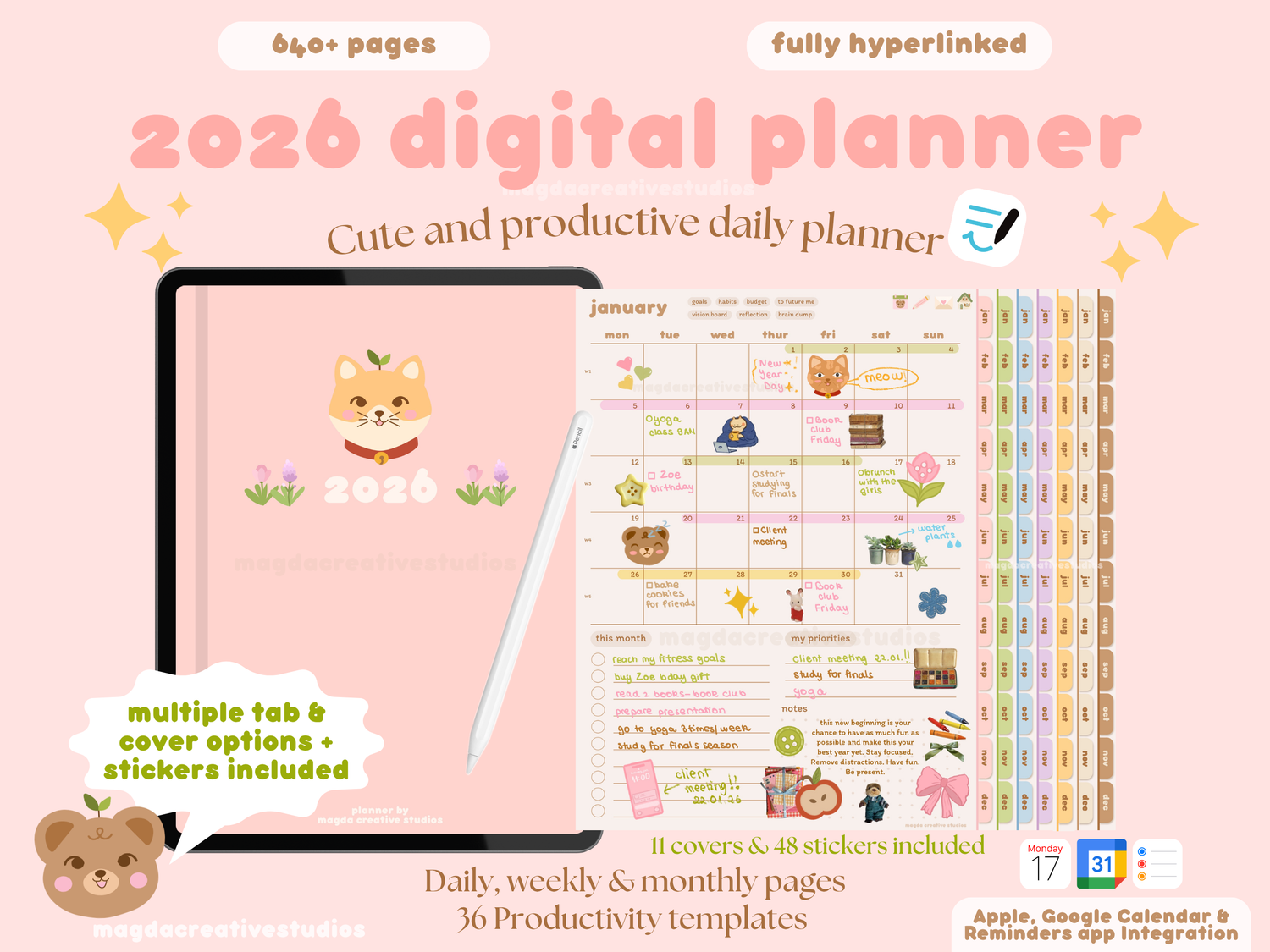 2026 digital planner portrait, ipad planner, cute digital planner, pink 